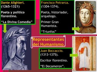 Dante Alighieri.         Francisco Petrarca.
(1265-1321)              (1304-1374).
Poeta y político         Poeta, historiador,
florentino.              arquelogo.
“La Divina Comedia”      Primer Gran
                         Humanista.
                         “Triunfos”

                      Representantes
                      del Humanismo.
                         Juan Boccaccio.
                         (1313-1375).
                         Escritor florentino.
                         “El Decameron”.
 