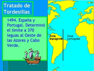 Tratado de
Tordesillas
 1494. España y
  Portugal. Determinó
  el límite a 370
  leguas al Oeste de
  las Azores y Cabo
  Verde.
 