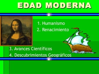 EDAD MODERNA

             1. Humanismo
             2. Renacimiento



3. Avances Científicos
4. Descubrimientos Geográficos
 