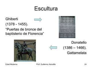 Escultura Ghiberti (1378 - 1455). “ Puertas de bronce del baptisterio de Florencia” Donatello (1386 – 1466). Gattamelata 
