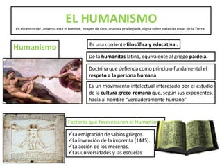 Humanismo EL HUMANISMO En el centro del Universo está el hombre,  imagen  de Dios, criatura privilegiada, digna sobre todas las cosas de la Tierra.  Es una corriente  filosófica y educativa . De la  humanitas  latina, equivalente al griego  paideia. Doctrina que defienda como principio fundamental el  respeto a la persona humana .  Factores que favorecieron el Humanismo La emigración de sabios griegos. La invención de la imprenta (1445). La acción de los mecenas. Las universidades y las escuelas Es un movimiento intelectual interesado por el estudio de la  cultura greco-romana  que, según sus exponentes, hacía al hombre “verdaderamente humano” 
