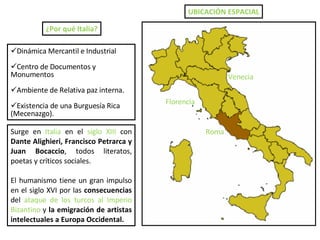 Roma Florencia Venecia UBICACIÓN ESPACIAL Surge en  Italia  en el  siglo XIII  con  Dante Alighieri, Francisco Petrarca y Juan Bocaccio , todos literatos, poetas y críticos sociales. El humanismo tiene un gran impulso en el siglo XVI por las  consecuencias  del  ataque de los turcos al Imperio Bizantino  y  la emigración de artistas intelectuales a Europa Occidental. Dinámica Mercantil e Industrial Centro de Documentos y Monumentos Ambiente de Relativa paz interna. Existencia de una Burguesía Rica (Mecenazgo). ¿Por qué Italia? 