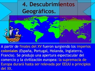 4. Descubrimientos Geográficos. A partir de  finales del XV  fueron surgiendo los  imperios  coloniales   (España, Portugal, Holanda, Inglaterra, Francia). Se produjo una apertura espectacular del comercio y la civilización europea:  la supremacía de Europa durará hasta ser relevada por EEUU a principios del XX.   