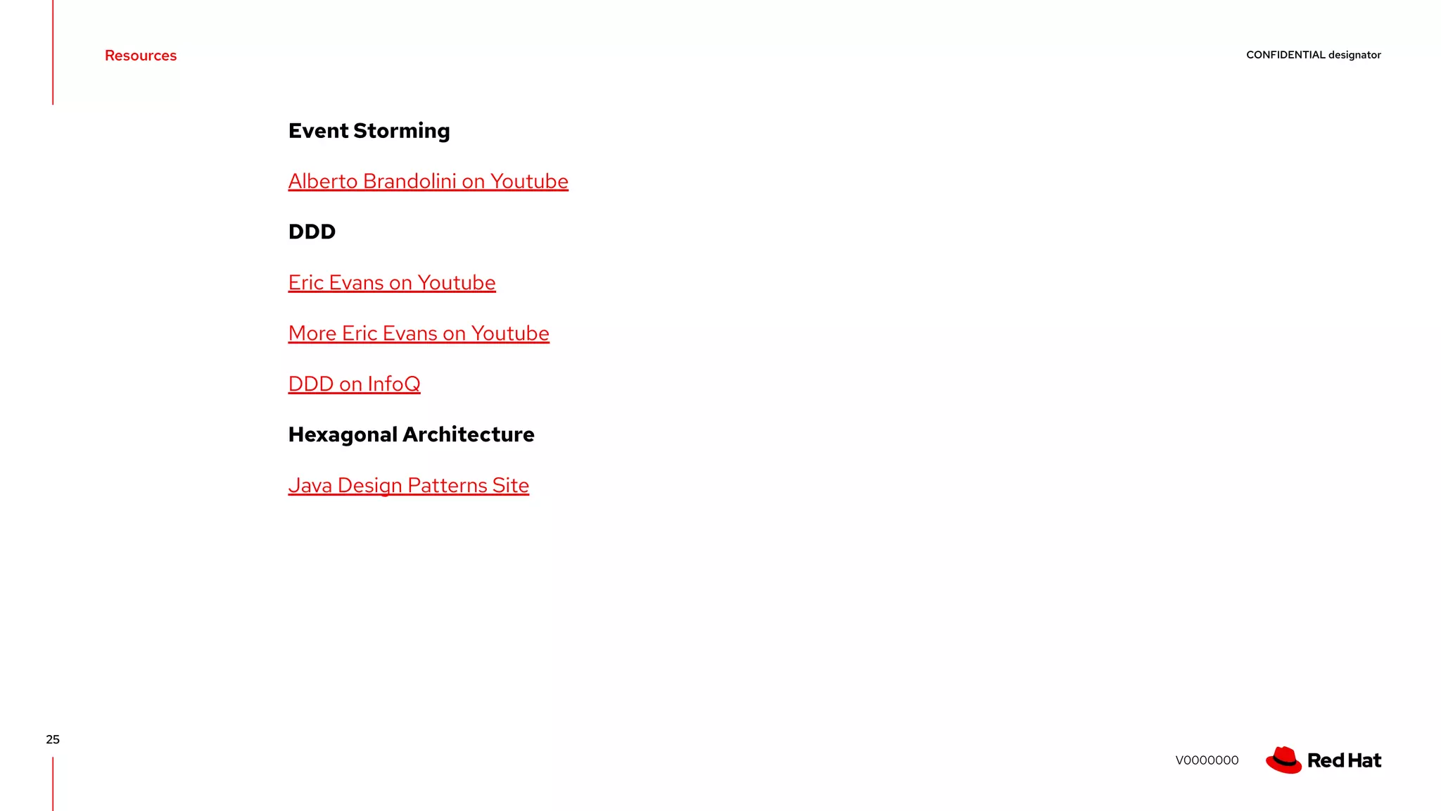 CONFIDENTIAL designator V0000000 Event Storming Alberto Brandolini on Youtube DDD Eric Evans on Youtube More Eric Evans on Youtube DDD on InfoQ Hexagonal Architecture Java Design Patterns Site 25 Resources 