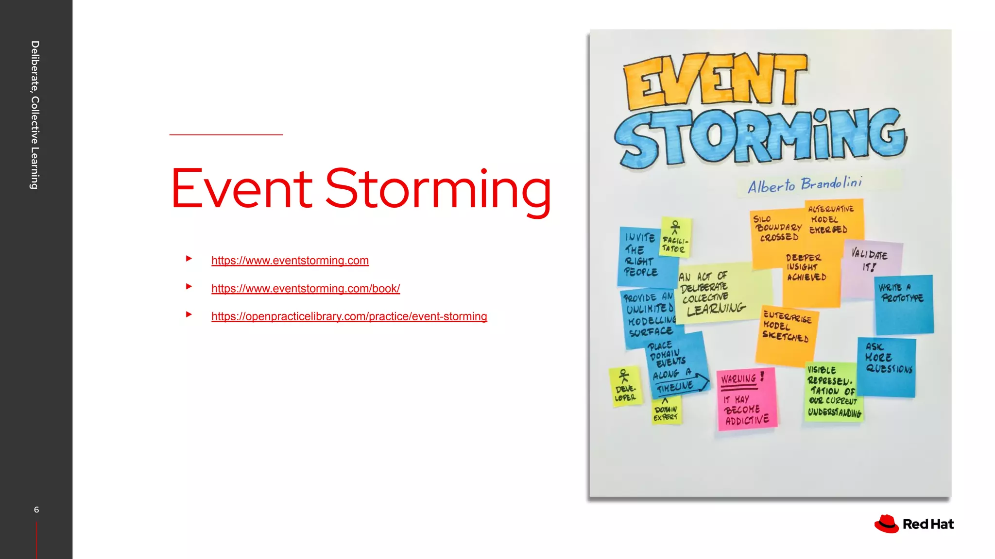 CONFIDENTIAL designator V0000000 Event Storming Deliberate, Collective Learning 6 ▸ https://www.eventstorming.com ▸ https://www.eventstorming.com/book/ ▸ https://openpracticelibrary.com/practice/event-storming 
