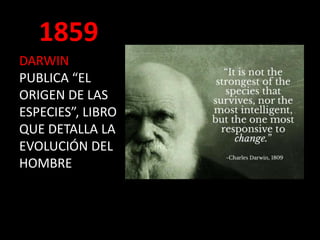 1859
DARWIN
PUBLICA “EL
ORIGEN DE LAS
ESPECIES”, LIBRO
QUE DETALLA LA
EVOLUCIÓN DEL
HOMBRE
 
