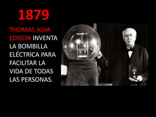 1879
THOMAS ALVA
EDISON INVENTA
LA BOMBILLA
ELÉCTRICA PARA
FACILITAR LA
VIDA DE TODAS
LAS PERSONAS.
 
