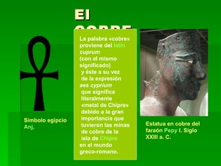   Símbolo egipcio  Anj . El COBRE     Estatua en cobre del faraón  Pepy  I . Siglo XXIII a. C. La palabra «cobre»  proviene del  latín   cuprum   (con el mismo  significado) y éste a su vez de la expresión  aes cyprium que significa  literalmente «metal de Chipre» debido a la gran importancia que tuvieron las minas de cobre de la isla de  Chipre   en el mundo  greco-romano. 