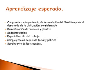    Comprender la importancia de la revolución del Neolítico para el
    desarrollo de la civilización, considerando:
   Domesticación de animales y plantas
   Sedentarización
   Especialización del trabajo
   Complejización de la vida social y política
   Surgimiento de las ciudades.
 