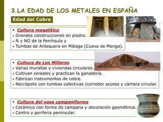 3.LA EDAD DE LOS METALES EN ESPAÑA
Edad del Cobre
 Cultura megalítica
• Grandes construcciones en piedra.
• N y NO de la Península y
• Tumbas de Antequera en Málaga (Cueva de Menga).
 Cultura de Los Millares
• Varias murallas y viviendas circulares.
• Cultivan cereales y practican la ganadería.
• Fabrican instrumentos de cobre.
• Necrópolis con tumbas colectivas (corredor acceso y cámara circular.
 Cultura del vaso campaniforme
• Cerámica con forma de campana y decoración geométrica.
• Centro y periferia peninsular.
 