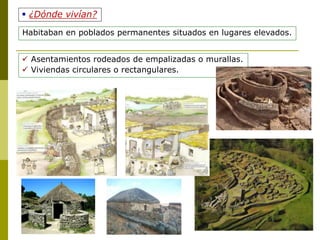  ¿Dónde vivían?
Habitaban en poblados permanentes situados en lugares elevados.
 Asentamientos rodeados de empalizadas o murallas.
 Viviendas circulares o rectangulares.
 