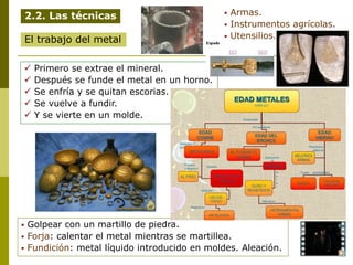 2.2. Las técnicas
El trabajo del metal
 Primero se extrae el mineral.
 Después se funde el metal en un horno.
 Se enfría y se quitan escorias.
 Se vuelve a fundir.
 Y se vierte en un molde.
 Golpear con un martillo de piedra.
 Forja: calentar el metal mientras se martillea.
 Fundición: metal líquido introducido en moldes. Aleación.
 Armas.
 Instrumentos agrícolas.
 Utensilios.
 
