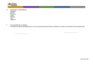 Página 15 de 15
IV. RECURSOS Y MATERIALES:
Papelotes.
Siluetas
Plumones
Tijeras
Masking
Lapiz
Lapiceros
V. EVALUACIÓN DE LA UNIDAD:
La presente unidad es de diagnóstico por lo que se evaluara permanentemente, dándole una mirada al cumplimiento de las competencias.
 