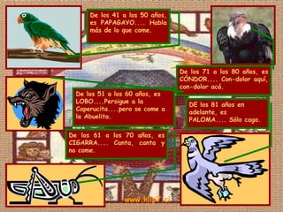 DE los 81 años en adelante, es PALOMA.... Sólo caga. De los 71 a los 80 años, es CÓNDOR.... Con-dolor aquí, con-dolor acá.  De los 61 a los 70 años, es CIGARRA.... Canta, canta y no come.  De los 51 a los 60 años, es LOBO....Persigue a la Caperucita....pero se come a la Abuelita.  De los 41 a los 50 años, es PAPAGAYO.... Habla más de lo que come.  www.klip7.cl 