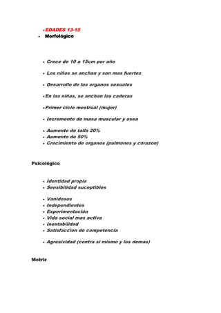 EDADES 13-15
     Morfológico




     Crece de 10 a 15cm por año

     Los niños se anchan y son mas fuertes

     Desarrollo de los organos sexuales

     En las niñas, se anchan las caderas

     Primer ciclo mestrual (mujer)

     Incremento de masa muscular y osea

     Aumento de talla 20%
     Aumento de 50%
     Crecimiento de organos (pulmones y corazon)



Psicológico


     Identidad propia
     Sensibilidad suceptibles

     Vanidosos
     Independientes
     Experimentación
     Vida social mas activa
     Inestabilidad
     Satisfaccion de competencia

     Agresividad (contra si mismo y los demas)


Motriz
 