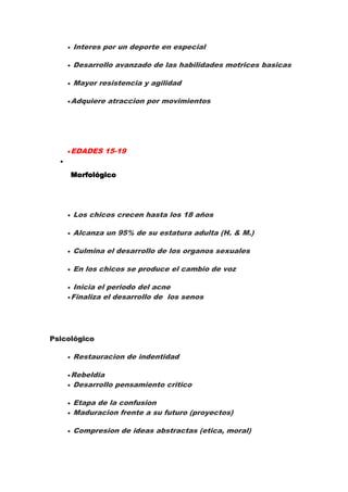 Interes por un deporte en especial

     Desarrollo avanzado de las habilidades motrices basicas

     Mayor resistencia y agilidad

     Adquiere atraccion por movimientos




     EDADES 15-19


     Morfológico




     Los chicos crecen hasta los 18 años

     Alcanza un 95% de su estatura adulta (H. & M.)

     Culmina el desarrollo de los organos sexuales

     En los chicos se produce el cambio de voz

     Inicia el periodo del acne
     Finaliza el desarrollo de los senos




Psicológico

     Restauracion de indentidad

     Rebeldia
     Desarrollo pensamiento critico

     Etapa de la confusion
     Maduracion frente a su futuro (proyectos)

     Compresion de ideas abstractas (etica, moral)
 