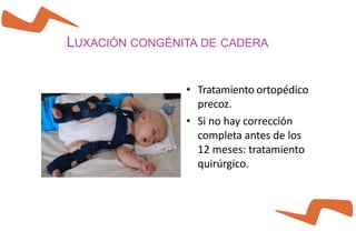 LUXACIÓN CONGÉNITA DE CADERA
• Tratamiento ortopédico
precoz.
• Si no hay corrección
completa antes de los
12 meses: tratamiento
quirúrgico.
 