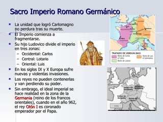 Sacro Imperio Romano Germánico La unidad que logró Carlomagno no perdura tras su muerte. El Imperio comienza a fragmentarse. Su hijo Ludovico divide el imperio en tres zonas: Occidental: Carlos Central: Lotario Oriental: Luis En los siglos IX y X Europa sufre nuevas y violentas invasiones. Los reyes no pueden contenerlas y van perdiendo su poder. Sin embrago, el ideal imperial se hace realidad en la zona de la  Germania  (reino de los francos orientales), cuando en el año 962, el rey  Otón I  es coronado emperador por el Papa. 