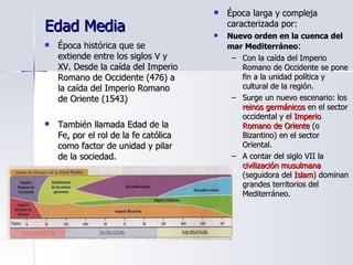 Edad Media Época histórica que se extiende entre los siglos V y XV. Desde la caída del Imperio Romano de Occidente (476) a la caída del Imperio Romano de Oriente (1543)  También llamada Edad de la Fe, por el rol de la fe católica como factor de unidad y pilar de la sociedad. Época larga y compleja caracterizada por: Nuevo orden en la cuenca del mar Mediterráneo : Con la caída del Imperio Romano de Occidente se pone fin a la unidad política y cultural de la región. Surge un nuevo escenario: los  reinos germánicos  en el sector occidental y el  Imperio Romano de Oriente  (o Bizantino) en el sector Oriental. A contar del siglo VII la  civilización musulmana  (seguidora del  Islam ) dominan grandes territorios del Mediterráneo. 