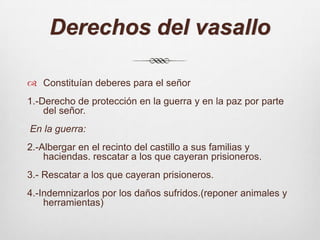 Derechos del vasalloConstituían deberes para el señor1.-Derecho de protección en la guerra y en la paz por parte del señor. En la guerra:2.-Albergar en el recinto del castillo a sus familias y haciendas. rescatar a los que cayeran prisioneros.3.- Rescatar a los que cayeran prisioneros.4.-Indemnizarlos por los daños sufridos.(reponer animales y herramientas)