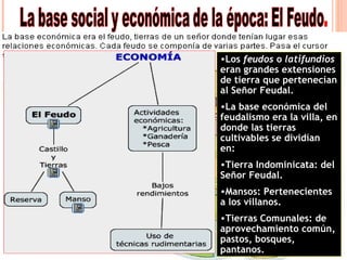 •Los feudos o latifundios
eran grandes extensiones
de tierra que pertenecían
al Señor Feudal.
•La base económica del
feudalismo era la villa, en
donde las tierras
cultivables se dividían
en:
•Tierra Indominicata: del
Señor Feudal.
•Mansos: Pertenecientes
a los villanos.
•Tierras Comunales: de
aprovechamiento común,
pastos, bosques,
pantanos.
 
