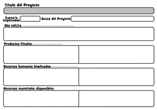 Título del Proyecto
Recursos humanos Implicados
Recursos materiales disponibles
Profesorado, padres, monitores, personal auxiliar...
Curso/s
implicados Guías del Proyecto
Productos Finales: ¿Qué vamos a tener hecho cuándo termine el proyecto?
Mis niñ@s ¿Cuáles son los alumn@s que van a llevar a cabo el proyecto? Edad, domicilio, nivel sociocultural,...
LA EDAD MEDIA: CABALLEROS, PRÍNCIPES, PRINCESAS, CASTILLOS, DUENDES, DRAGONES Y HADAS
2º de Primaria Tutores de 2ºA y 2ºB
- 32 alumnos/as de segundo de primaria (16 alumnos de 2ºA y 16 alumnos de 2ºB)
- Edad: 7-8 años.
- Nivel sociocultural Medio.
- Ya han realizado con anterioridad otros trabajos por proyectos y cajas (dinosaurios, cuerpo humano y animales vertebrados)
Convertimos nuestro centro en un castillo: Decoración del aula como sala central del castillo
y los pasillos como las murallas con dos entradas (clases A y B)
Elaboración de un códice individual con los trabajos realizados.
Diario del escriba.
Convertir los pasillos en un castillo medieval con dos entradas.
Disfraz de caballero y accesorios
Fiesta Medieval. Dramatización de justas, malabares, bailes, banquete, decoración,
nombramiento de caballero por el rey, bufones, magia, ...
- Profesores de segundo de primaria.
- Especialistas (Inglés y Educación física).
- Padres y Madres.
- Recursos librarios aportados por la biblioteca.
- Entorno Informacional Específico (Padlet).
- Material fungible y plástico/artístico.
 