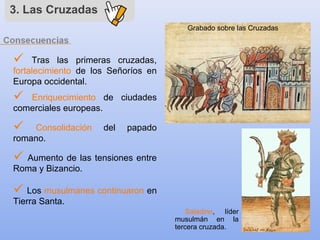 3. Las Cruzadas
 Tras las primeras cruzadas,
fortalecimiento de los Señoríos en
Europa occidental.
 Enriquecimiento de ciudades
comerciales europeas.
 Aumento de las tensiones entre
Roma y Bizancio.
 Consolidación del papado
romano.
 Los musulmanes continuaron en
Tierra Santa.
Grabado sobre las Cruzadas
Saladino, líder
musulmán en la
tercera cruzada.
 