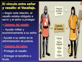 El vínculo entre señor
y vasallo: el Vasallaje.
 Según esta relación, el
vasallo estaba obligado a
servir y el señor a proteger.
   Deberes del vasallo:
- Ayudar militar y
económicamente a su señor.
- Ayudar a su señor en la
administración de justicia.
   Deberes del señor:
- Proteger al vasallo.
- Entregar el beneficio o
feudo.
 