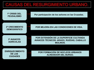 CAUSAS DEL RESURGIMIENTO URBANO.

 1º CRISIS DEL    Por participación de los señores en las Cruzadas.
 FEUDALISMO




2º CRECIMIENTO     POR MEJORA EN LAS CONDICIONES DE VIDA.
 DEMOGRÁFICO



                   POR EXTENSIÓN DE LA SUPERFICIE CULTIVADA
  3º AVANCES      AVANCES TÉCNICOS: ARADO, RUEDAS, CABALLO
  AGRÍCOLAS                       MOLINOS.



ENRIQUECIMIENTO      POR FORMACIÓN DE NÚCLEOS URBANOS
    DE LAS                 ALREDEDOR DEL BURGO.
   CIUDADES
 