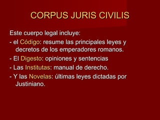 CORPUS JURIS CIVILISCORPUS JURIS CIVILIS
Este cuerpo legal incluye:Este cuerpo legal incluye:
- el- el CódigoCódigo: resume las principales leyes y: resume las principales leyes y
decretos de los emperadores romanos.decretos de los emperadores romanos.
- El- El DigestoDigesto: opiniones y sentencias: opiniones y sentencias
- Las- Las InstitutasInstitutas: manual de derecho.: manual de derecho.
- Y las- Y las NovelasNovelas: últimas leyes dictadas por: últimas leyes dictadas por
Justiniano.Justiniano.
 