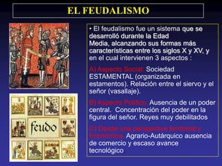 EL FEUDALISMO
• El feudalismo fue un sistema que se
desarrolló durante la Edad
Media, alcanzando sus formas más
características entre los siglos X y XV, y
en el cual intervienen 3 aspectos :
A) Aspecto Social: Sociedad
ESTAMENTAL (organizada en
estamentos). Relación entre el siervo y el
señor (vasallaje).
B) Aspecto Político. Ausencia de un poder
central. Concentración del poder en la
figura del señor. Reyes muy debilitados
C) Desde una perspectiva territorial y
Económica. Agrario-Autárquico ausencia
de comercio y escaso avance
tecnológico.

 