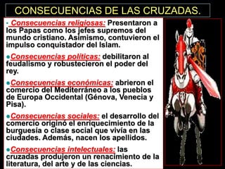 CONSECUENCIAS DE LAS CRUZADAS.
• Consecuencias religiosas: Presentaron a

los Papas como los jefes supremos del
mundo cristiano. Asimismo, contuvieron el
impulso conquistador del Islam.
Consecuencias

políticas: debilitaron al
feudalismo y robustecieron el poder del
rey.
Consecuencias

económicas: abrieron el
comercio del Mediterráneo a los pueblos
de Europa Occidental (Génova, Venecia y
Pisa).
Consecuencias

sociales: el desarrollo del
comercio originó el enriquecimiento de la
burguesía o clase social que vivía en las
ciudades. Además, nacen los apellidos.
Consecuencias

intelectuales: las
cruzadas produjeron un renacimiento de la
literatura, del arte y de las ciencias.

 