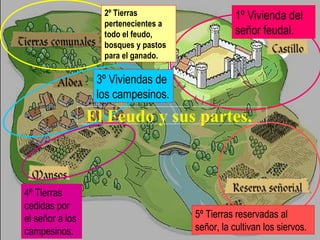 2º Tierras
pertenecientes a
todo el feudo,
bosques y pastos
para el ganado.
1º Vivienda del
señor feudal.
3º Viviendas de
los campesinos.
4º Tierras
cedidas por
el señor a los
campesinos.
5º Tierras reservadas al
señor, la cultivan los siervos.
El Feudo y sus partes.
 