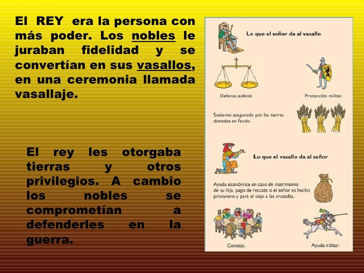 El REY era la persona con más poder. Los nobles le juraban fidelidad y se convertían en sus vasallos , en una ceremon...
