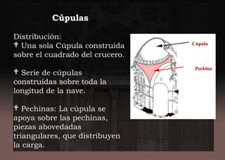 Cúpulas
 
Distribución:
 Una sola Cúpula construida
sobre el cuadrado del crucero.
 Serie de cúpulas
construidas sobre toda la
longitud de la nave.
 Pechinas: La cúpula se
apoya sobre las pechinas,
piezas abovedadas
triangulares, que distribuyen
la carga.
Pechina
Cúpula
 