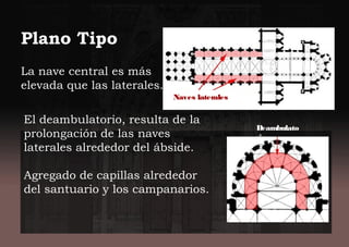 La nave central es más
elevada que las laterales.
Plano Tipo
El deambulatorio, resulta de la
prolongación de las naves
laterales alrededor del ábside.
Agregado de capillas alrededor
del santuario y los campanarios.
Deambulato
rio
Naves laterales
 