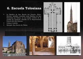 6. Escuela Tolosiana.
• La Basílica de San Sernín (en francés: Saint-
Sernin), también conocida como Basílica de San
Saturnino de Tolosa, es un templo católico de la
ciudad de Toulouse ubicado en el departamento
francés del Alto Garona.
• Utiliza el ladrillo.
• Ejemplo: San Sernin de Tolosa.
 