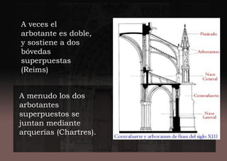 A veces el
arbotante es doble,
y sostiene a dos
bóvedas
superpuestas
(Reims)
A menudo los dos
arbotantes
superpuestos se
juntan mediante
arquerías (Chartres).
 