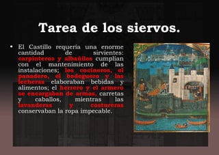 Tarea de los siervos.
• El Castillo requería una enorme
cantidad de sirvientes:
carpinteros y albañiles cumplían
con el mantenimiento de las
instalaciones; los cocineros, el
panadero, el bodeguero y las
lecheras elaboraban bebidas y
alimentos; el herrero y el armero
se encargaban de armas, carretas
y caballos, mientras las
lavanderas y costureras
conservaban la ropa impecable.
 