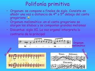 Polifonía primitiva
• Organum: se compone a finales de siglo. Consiste en
añadir una voz a distancia de 4ª o 5ª debajo del canto
gregoriano
• Organum melismático: en el canto gregoriano se
alargan las sílabas y se componían grandes melismas
• Discantus: siglo XI. La voz organal interpreta lo
contrario de la principal
Organum
Organum
melismático
Discantus
 