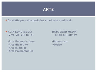 ARTE 
 Se distinguen dos periodos en el ar te medieval: 
 ALTA EDAD MEDIA BAJA EDAD MEDIA 
V VI VI I VI I I IX X XI XI I XI I I XIV XV 
-Ar te Paleocristiano -Romántico 
-Ar te Bizantino -Gótico 
-Ar te Islámico 
-Ar te Prerrománico 
 