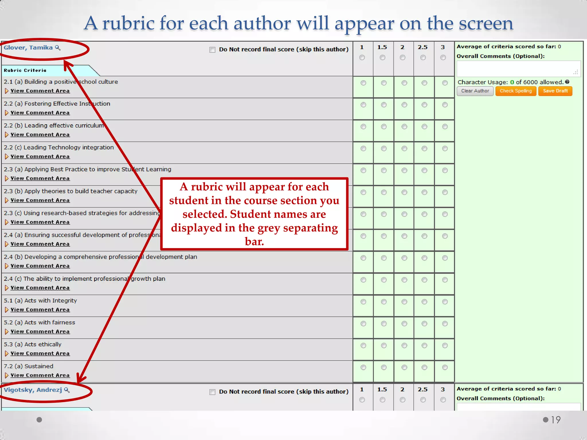 A rubric for each author will appear on the screen

A rubric will appear for each
student in the course section you
selected. Student names are
displayed in the grey separating
bar.

19

 