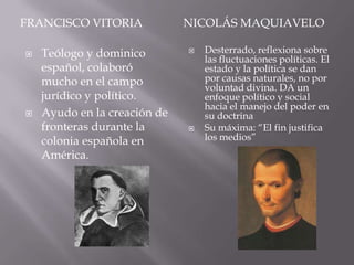 FRANCISCO VITORIA             NICOLÁS MAQUIAVELO

   Teólogo y dominico           Desterrado, reflexiona sobre
                                  las fluctuaciones políticas. El
    español, colaboró             estado y la política se dan
    mucho en el campo             por causas naturales, no por
                                  voluntad divina. DA un
    jurídico y político.          enfoque político y social
                                  hacia el manejo del poder en
   Ayudo en la creación de       su doctrina
    fronteras durante la         Su máxima: “El fin justifica
    colonia española en           los medios”
    América.
 