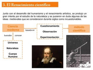 3. El Renacimiento científico

Junto con el desarrollo del humanismo y el renacimiento artístico, se produjo un
gran interés por el estudio de la naturaleza y se pusieron en duda algunas de las
ideas medievales que se consideraron durante siglos como incuestionables.


    Ciencia                         Cuestionamiento
                                                                    método
    moderna          basada en                                     científico
                                      Observación
 buscaba   conocer
                                    Experimentación

    Universo

   Naturaleza

     Cuerpo
     Humano
 