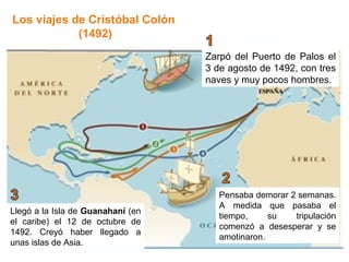 Los viajes de Cristóbal Colón
            (1492)
                                   Zarpó del Puerto de Palos el
                                   3 de agosto de 1492, con tres
                                   naves y muy pocos hombres.




                                      Pensaba demorar 2 semanas.
                                      A medida que pasaba el
Llegó a la Isla de Guanahaní (en
                                      tiempo,     su   tripulación
el caribe) el 12 de octubre de
                                      comenzó a desesperar y se
1492. Creyó haber llegado a
                                      amotinaron.
unas islas de Asia.
 