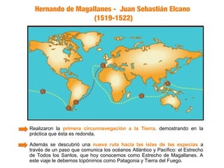 Hernando de Magallanes - Juan Sebastián Elcano
                   (1519-1522)




Realizaron la primera circunnavegación a la Tierra, demostrando en la
práctica que ésta es redonda.

Además se descubrió una nueva ruta hacia las islas de las especias a
través de un paso que comunica los océanos Atlántico y Pacífico: el Estrecho
de Todos los Santos, que hoy conocemos como Estrecho de Magallanes. A
este viaje le debemos topónimos como Patagonia y Tierra del Fuego.
 