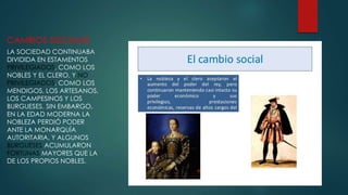 CAMBIOS SOCIALES
LA SOCIEDAD CONTINUABA
DIVIDIDA EN ESTAMENTOS
PRIVILEGIADOS, COMO LOS
NOBLES Y EL CLERO, Y NO
PRIVILEGIADOS, COMO LOS
MENDIGOS, LOS ARTESANOS,
LOS CAMPESINOS Y LOS
BURGUESES. SIN EMBARGO,
EN LA EDAD MODERNA LA
NOBLEZA PERDIÓ PODER
ANTE LA MONARQUÍA
AUTORITARIA, Y ALGUNOS
BURGUESES ACUMULARON
FORTUNAS MAYORES QUE LA
DE LOS PROPIOS NOBLES.
 