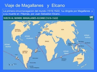 Viaje de Magallanes y Elcano
La primera circunnavegación del mundo (1519-1522) fue dirigida por Magallanes y
a su muerte en Filipinas, por Juan Sebastián Elcano.
 