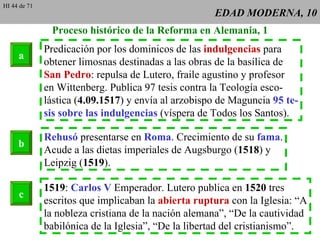 EDAD MODERNA, 10 Proceso histórico de la Reforma en Alemania, 1 Predicación por los dominicos de las  indulgencias  para obtener limosnas destinadas a las obras de la basílica de San Pedro : repulsa de Lutero, fraile agustino y profesor en Wittenberg. Publica 97 tesis contra la Teología esco- lástica ( 4.09.1517 ) y envía al arzobispo de Maguncia  95 te- sis sobre las indulgencias  (víspera de Todos los Santos). Rehusó  presentarse en  Roma . Crecimiento de su  fama . Acude a las dietas imperiales de Augsburgo ( 1518 ) y Leipzig ( 1519 ).  1519 :  Carlos V  Emperador. Lutero publica en  1520  tres escritos que implicaban la  abierta ruptura  con la Iglesia: “A la nobleza cristiana de la nación alemana”, “De la cautividad babilónica de la Iglesia”, “De la libertad del cristianismo”. a b c HI 44 de 71 
