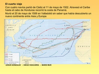 El cuarto viaje
Con cuatro navíos partió de Cádiz el 11 de mayo de 1502. Atravesó el Caribe
hasta el cabo de Honduras recorrió la costa de Panamá.
Murió el 20 de mayo de 1506 en Valladolid sin saber que había descubierto un
nuevo continente entre Asia y Europa




•AUTORES:
•JESUS GONZALEZ - DIEGO VIZACARRA - MARIO MUR
 
